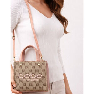 Bebe Tallula Mini Satchel Bag Womens One Size Blush Logo Canvas Purse Pink New